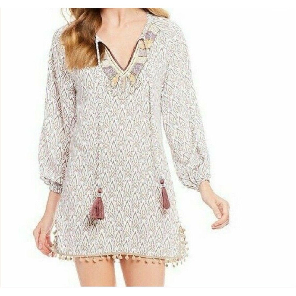 SKEMO Borneo Tunic Dress Embellished Long Sleeve Cream Beige Pom Pom Trim XS